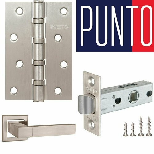 Комплект дверных межкомнатных ручек PUNTO с защелкой и универсальными врезными петлями, матовый никель/хром