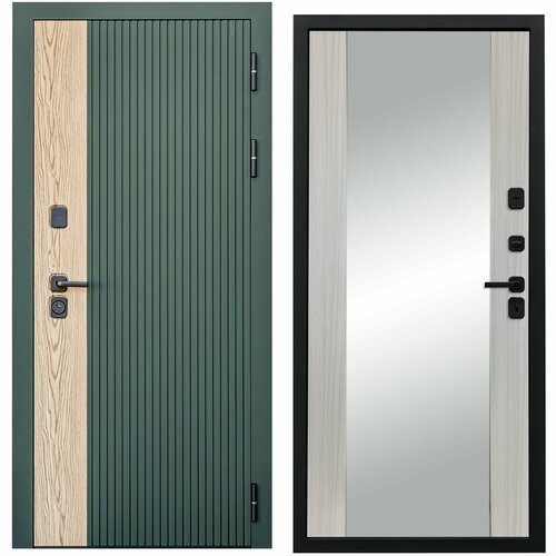 Дверь входная металлическая DIVA 74 Зеркало 2050x860 Правая Дуб Олива софт- Д15 Сандал белый, тепло-шумоизоляция, антикоррозийная защита для квартиры
