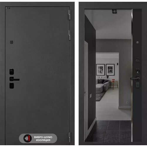 Входная дверь ACUSTIC с внутренней панелью зеркало панарама с тонировкой, цвет черный кварц, размер по коробке 960х2050, левая