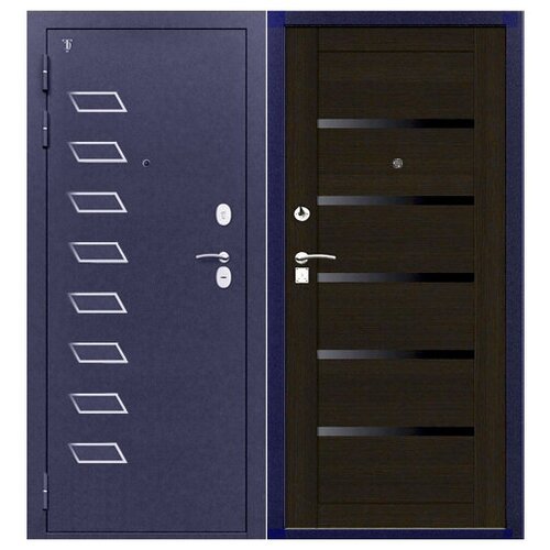 Входная дверь ТС-01.4 960х2050 левая Антик синий с декоративными накладками Ромбы/Царговая панель ПВХ Вена Темный кипарис, черный акрилат