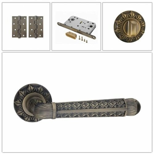 Комплект ручек для дверей Renz INDH_63-10_MAB_MAGWC, матовая античная бронза (ручка + завертка WC + магнитный замок + 2 универсальные петли)