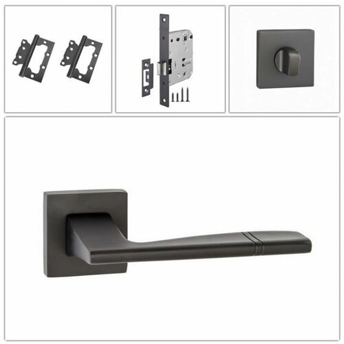 Комплект ручек для дверей Renz INDH_72-03_MBN_WC, матовый черный никель (ручка + замок WC + 2 петли без врезки + завертка)