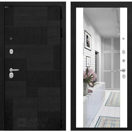 Входная дверь металлическая в квартиру PAZL с внутренней панелью зеркало максимум, цвет белый софт, размер по коробке 960х2050, правая