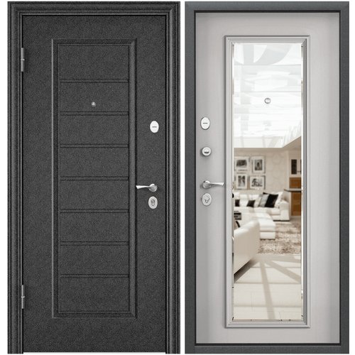 Дверь входная для квартиры Torex Flat-M 860х2050 левая, тепло-шумоизоляция антикоррозийная защита, замки 4го и 2го класса защиты, зеркало, черный
