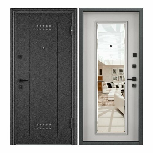 Дверь входная для квартиры Torex Flat M 950х2050 правая, тепло-шумоизоляция, антикоррозийная защита, замки 4го и 2го класса, зеркало, черный/белый