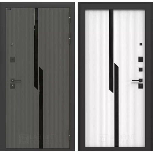 Входная дверь LABIRINT CARBON 960x2050 левая панель стекло черное фацет ФЛС-570 белый софт