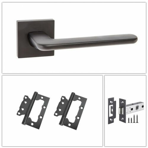 Комплект ручек для дверей Renz INDH_95-03_MBN_L6-45, матовый черный никель (ручка + замок защелка + 2 петли без врезки)