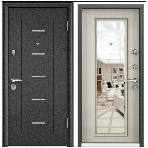 Дверь входная для квартиры Torex Super Omega 10 950х2050, левый, тепло-шумоизоляция, антикоррозийная защита, замки 4-ого класса защиты, зеркало, черный/белый