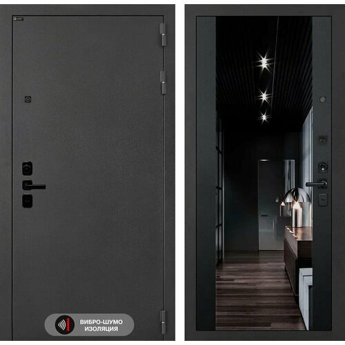 Входная дверь ACUSTIC с зеркалом максимум с тонировкой, цвет черный кварц, размер по коробке 960х2050, правая