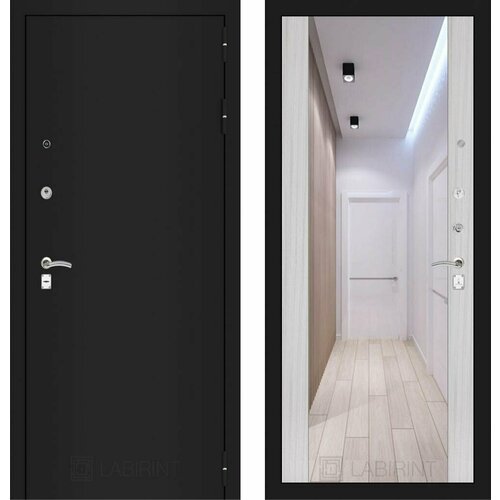 Входная дверь Labirint Classic Шагрень черная с зеркалом Максимум Сандал белый 960x2050, открывание левое