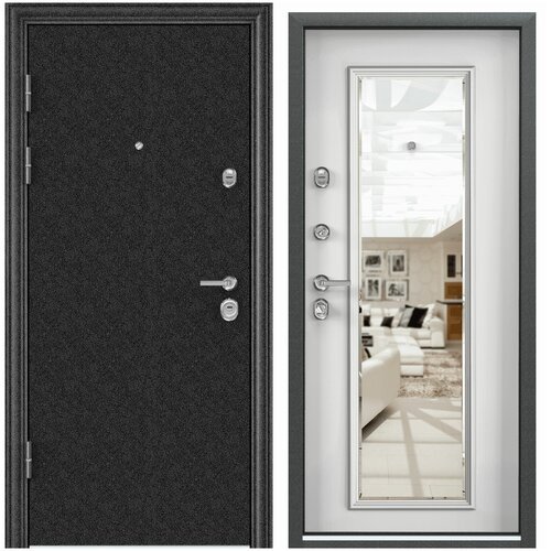 Дверь входная для квартиры Torex Ultimatum MP 950х2070, правый, тепло-шумоизоляция, антикоррозийная защита, замки 4-го класса, зеркало, черный/белый