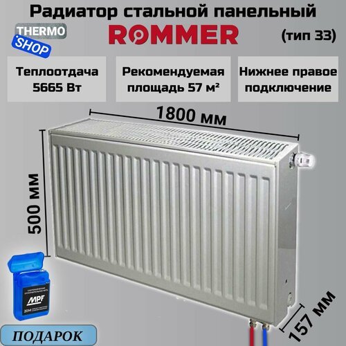 Радиатор стальной панельный 500х1800 нижнее правое подключение Ventil 33/500/1800 Сантехническая нить 20 м